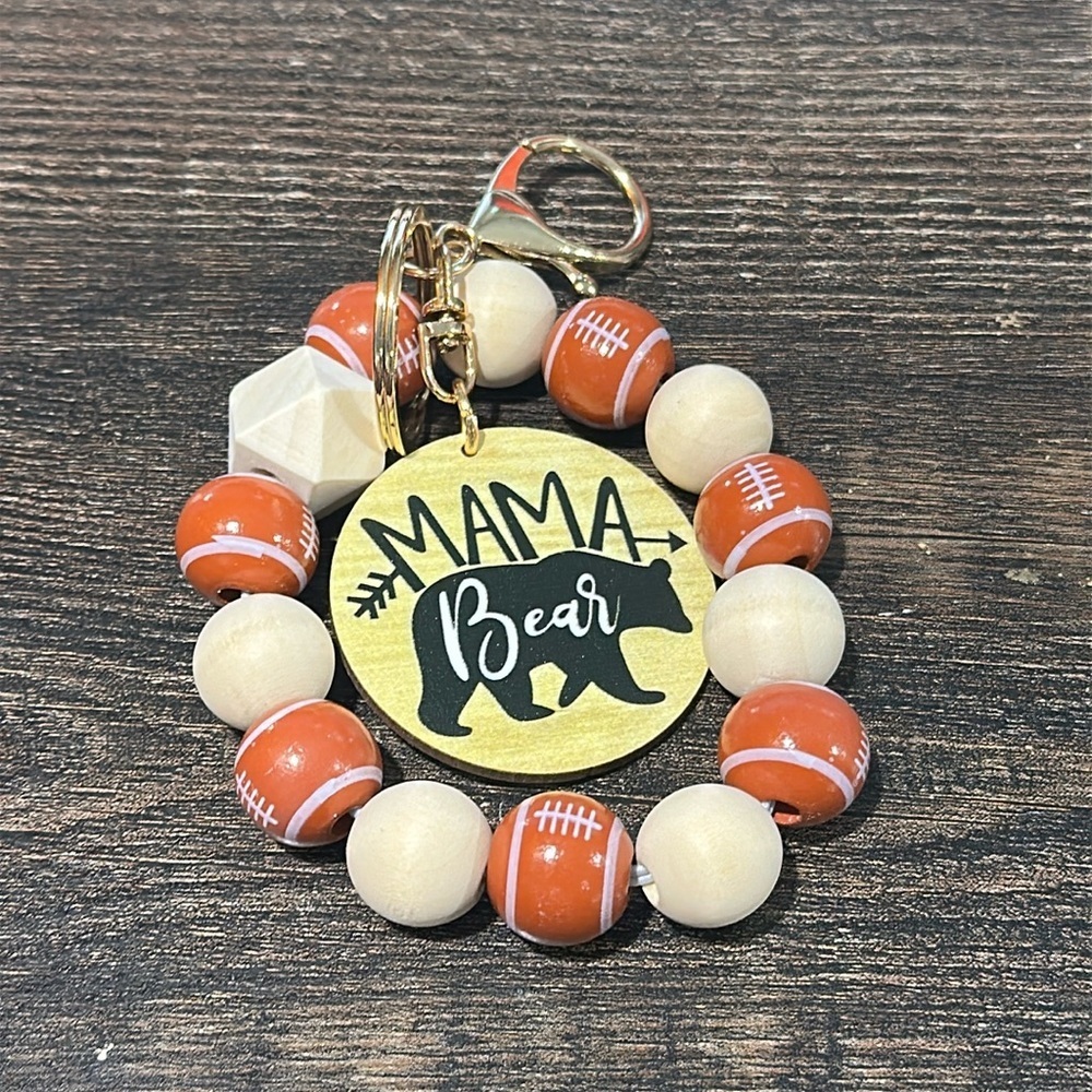Football MAMA BEAR Keychain Wristlet large wooden beads with footballs 🏈
